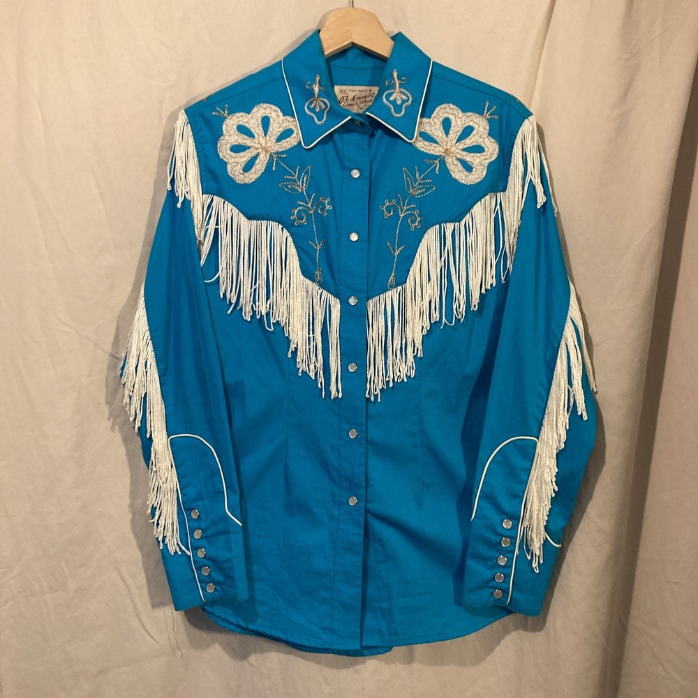 ROCKMOUNT RANCH WEAR Womens Western pearl snap Shirt Blue M Embroidered Fringe